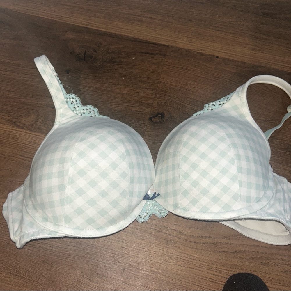 Cacique Blue and White Gingham Bra with Lace